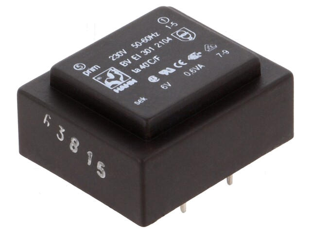 Transformator: ingegoten; 0,6VA; 230VAC; 6V; 100mA; PCB; BVEI Transformator: ingegoten; 0,6VA; 230VAC; 6V; 100mA; PCB; BVEI